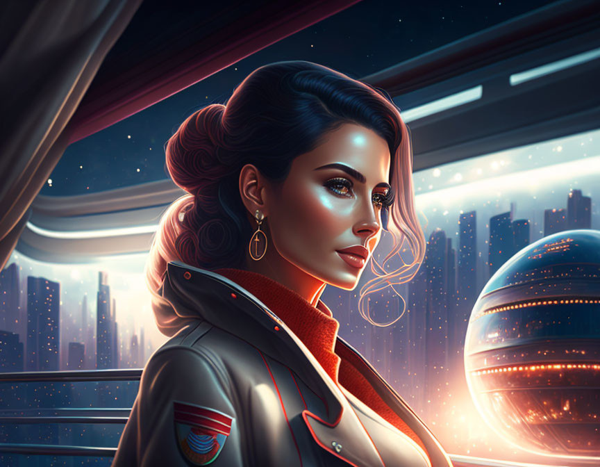 Stylized illustration of woman in spaceship looking at futuristic cityscape