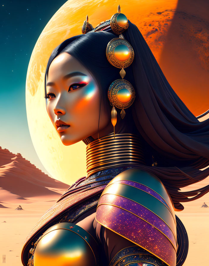 Asian-inspired Female Warrior in Ornate Armor Desert Landscape Artwork