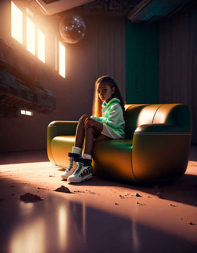 Person on Green and Yellow Couch in Futuristic Room with Hovering Ball and Spacecraft