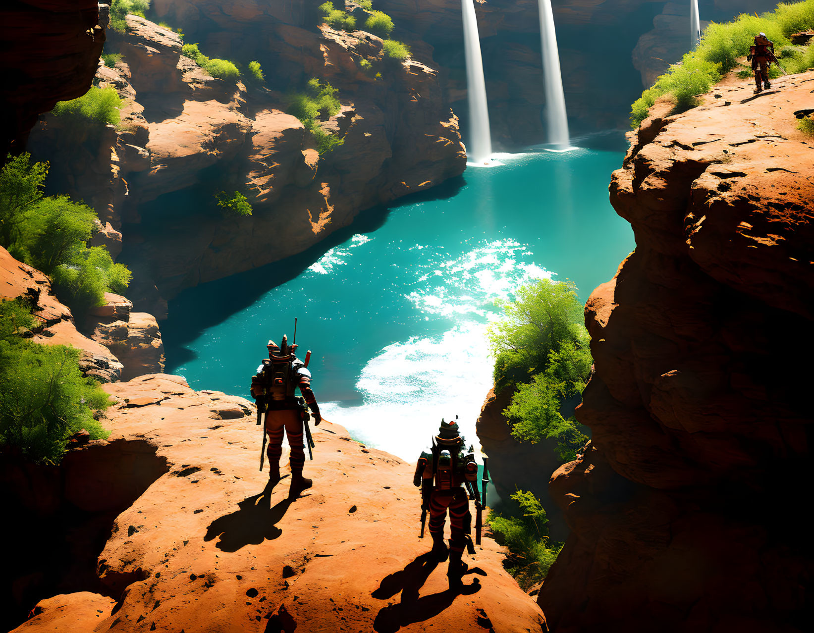 Futuristic suits exploring rocky canyon with turquoise pool