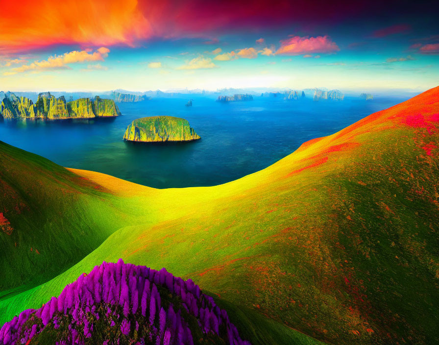 Colorful landscape with rolling hills, calm sea, and dramatic sky