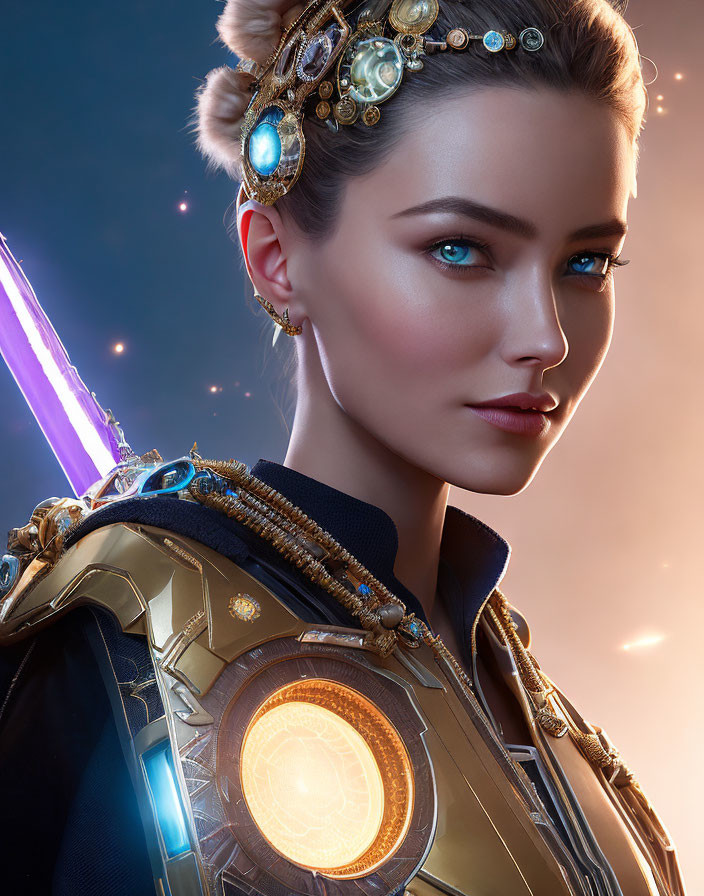 Futuristic armored woman with glowing sword in celestial setting