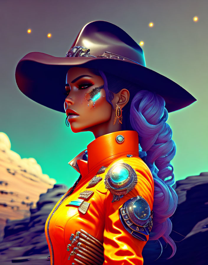 Futuristic digital artwork of a woman in orange cowboy outfit against desert backdrop