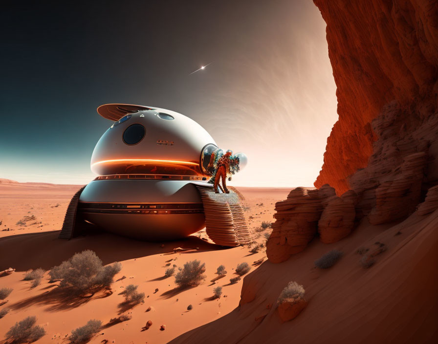 Astronaut in futuristic desert habitat with spacecraft.