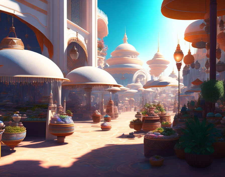 Fantasy cityscape with domed buildings and market stalls