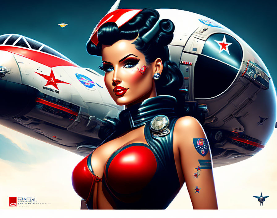 Digital Illustration of Woman in Retro Aviation Attire with Vintage Aircraft