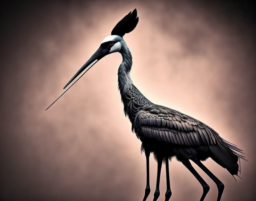 Elegant crane with long beak and detailed plumage on brown background