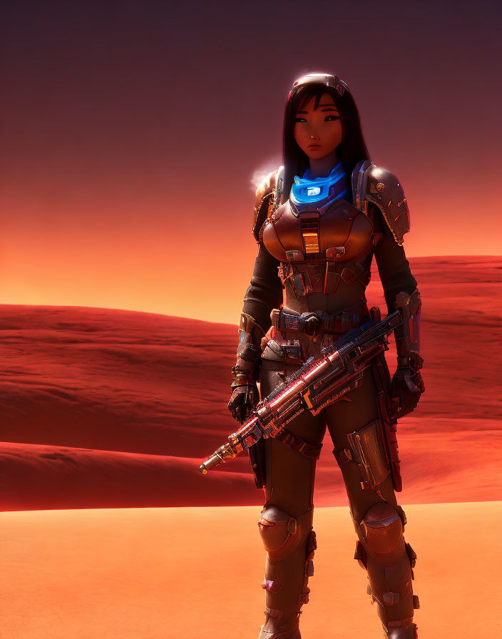 Female warrior in futuristic armor with glowing blue lights holding high-tech rifle in red desert landscape