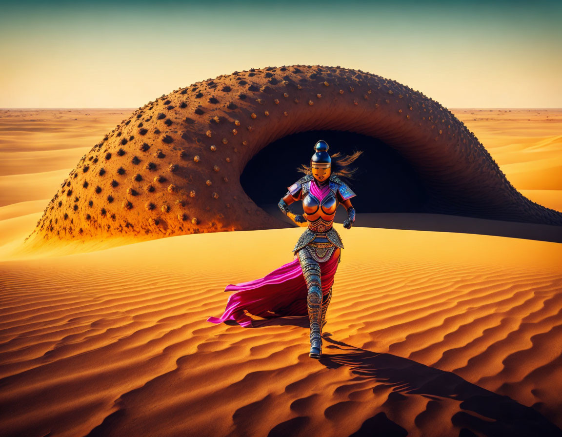 Vibrant armored figure running in desert with mysterious spherical structure