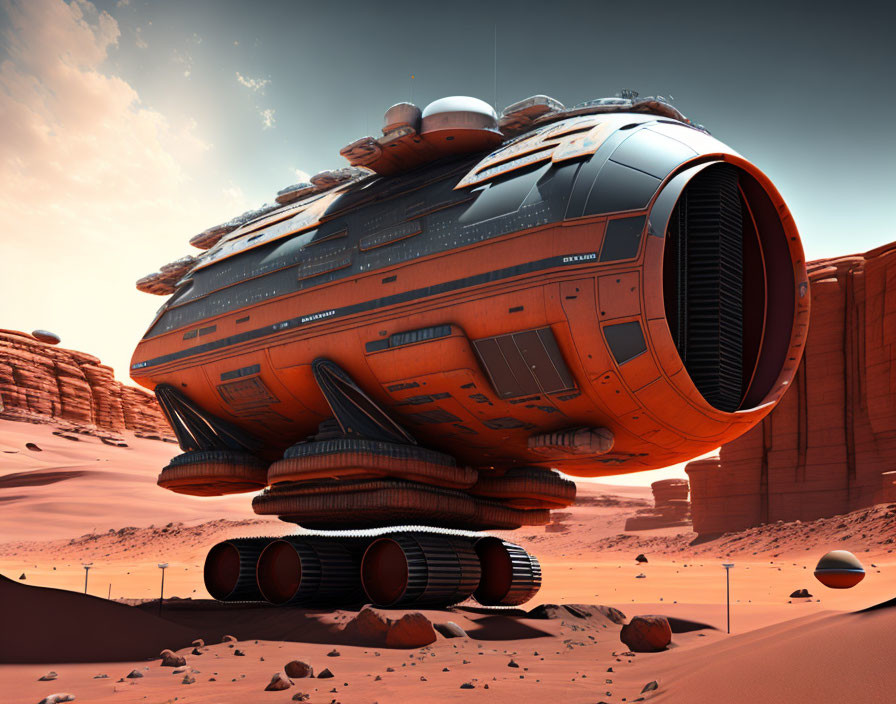 Futuristic orange and black spaceship on Mars-like desert landscape