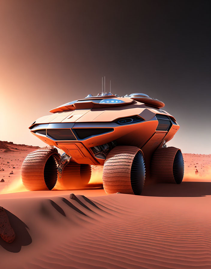 Futuristic orange rover navigating Martian desert with large wheels