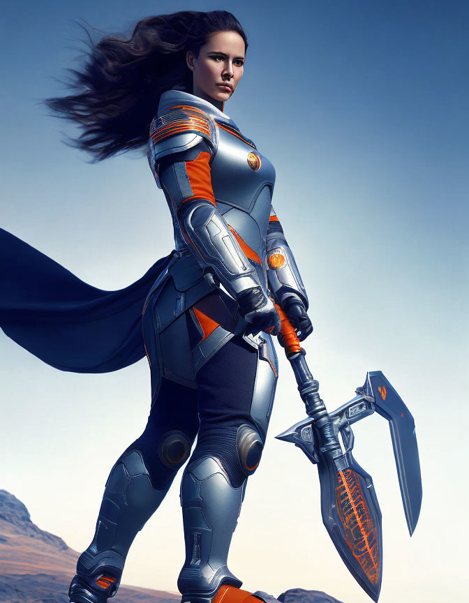 Futuristic armored woman with axe in dramatic pose