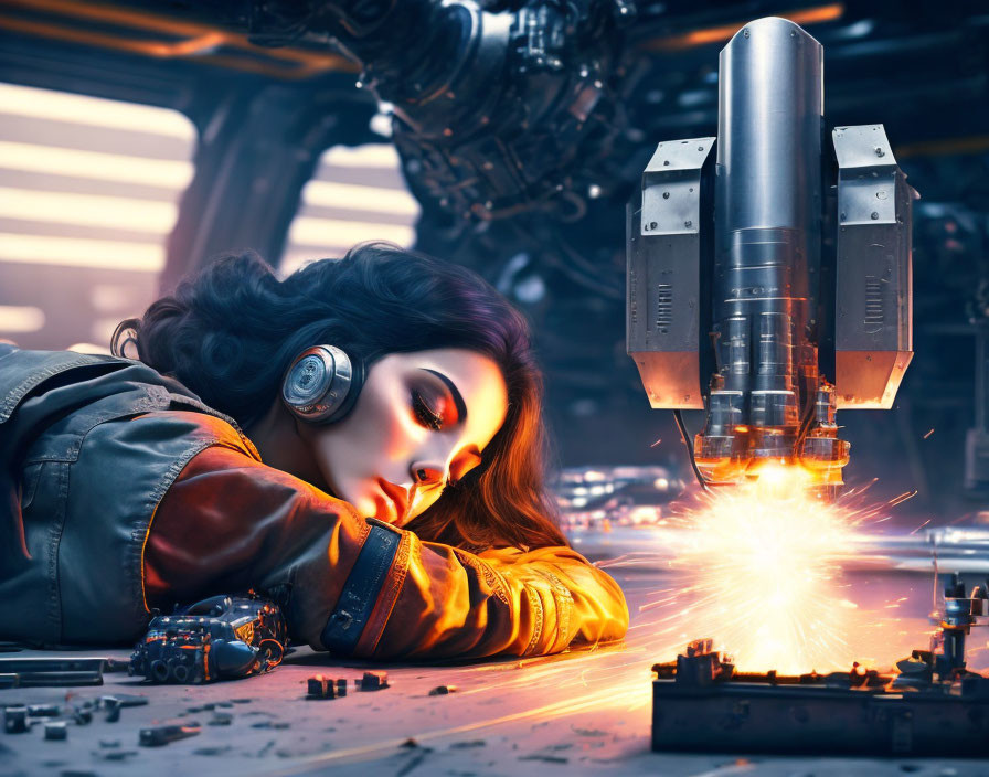 Mechanic woman beside robotic arm welding metallic part in futuristic workshop