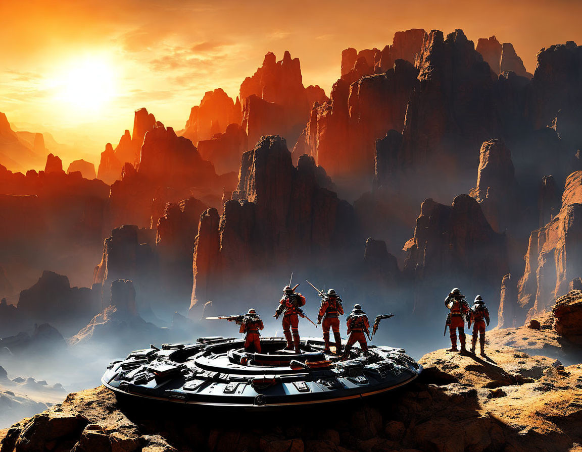 Four futuristic soldiers on an alien planet with rugged terrain by a spacecraft at sunset