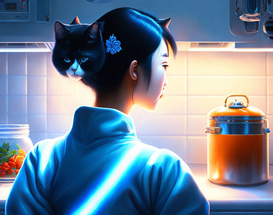 Woman with Blue Flower and Black Cat in Warm Kitchen Scene