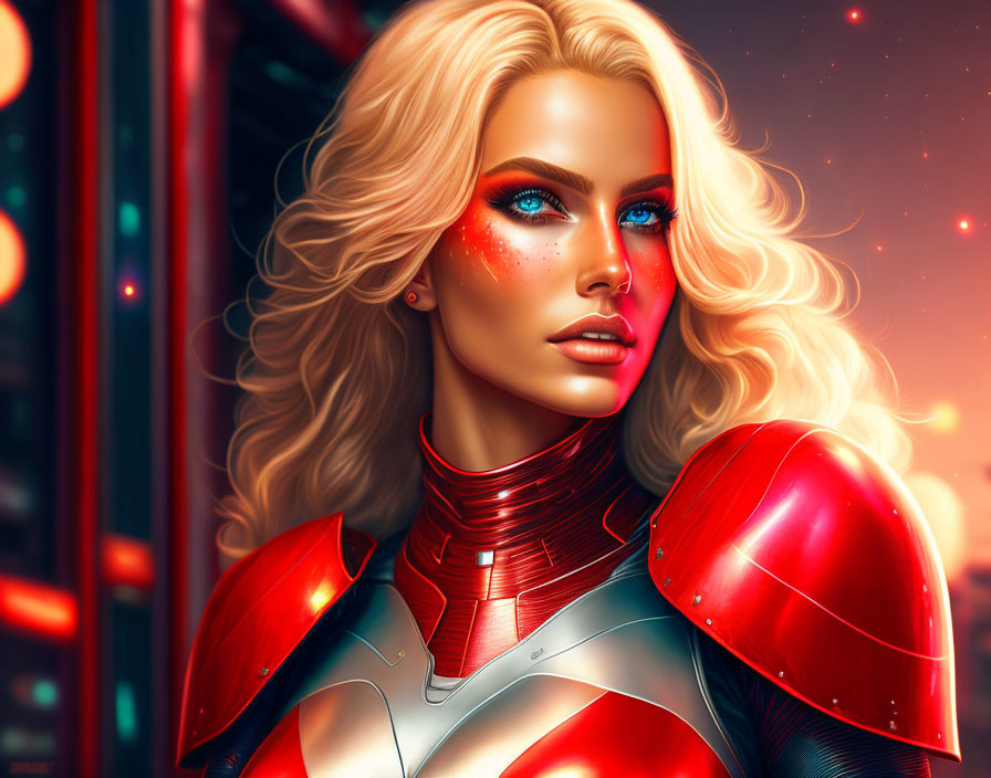 Blonde Woman in Red Superhero Armor in Futuristic Cityscape