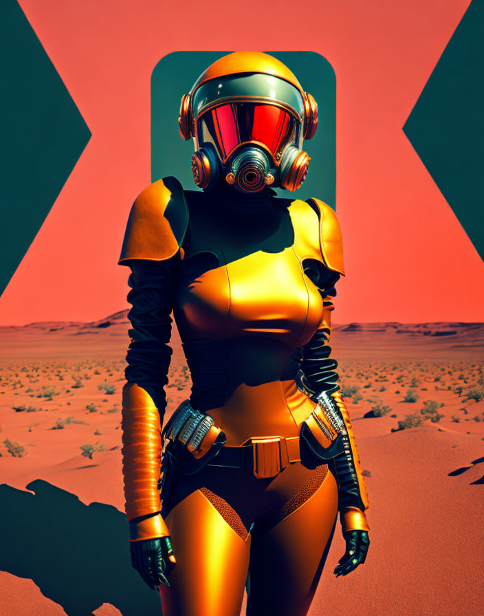 Futuristic astronaut in orange and black suit on desert terrain with red sky and arrow shapes in background