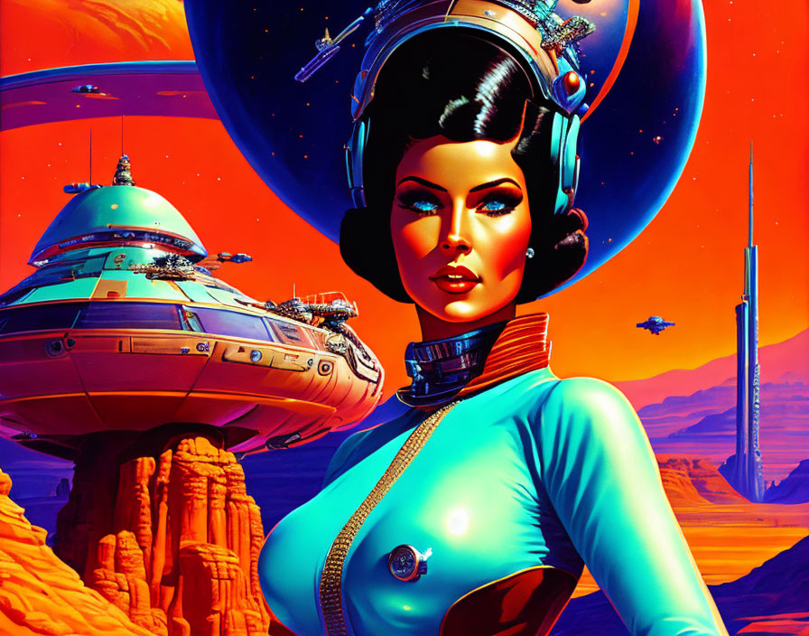 Retro-futuristic sci-fi illustration of woman in space helmet on alien planet