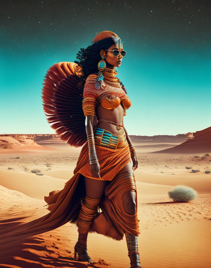 Woman in tribal attire with large headdress in desert landscape under starry sky