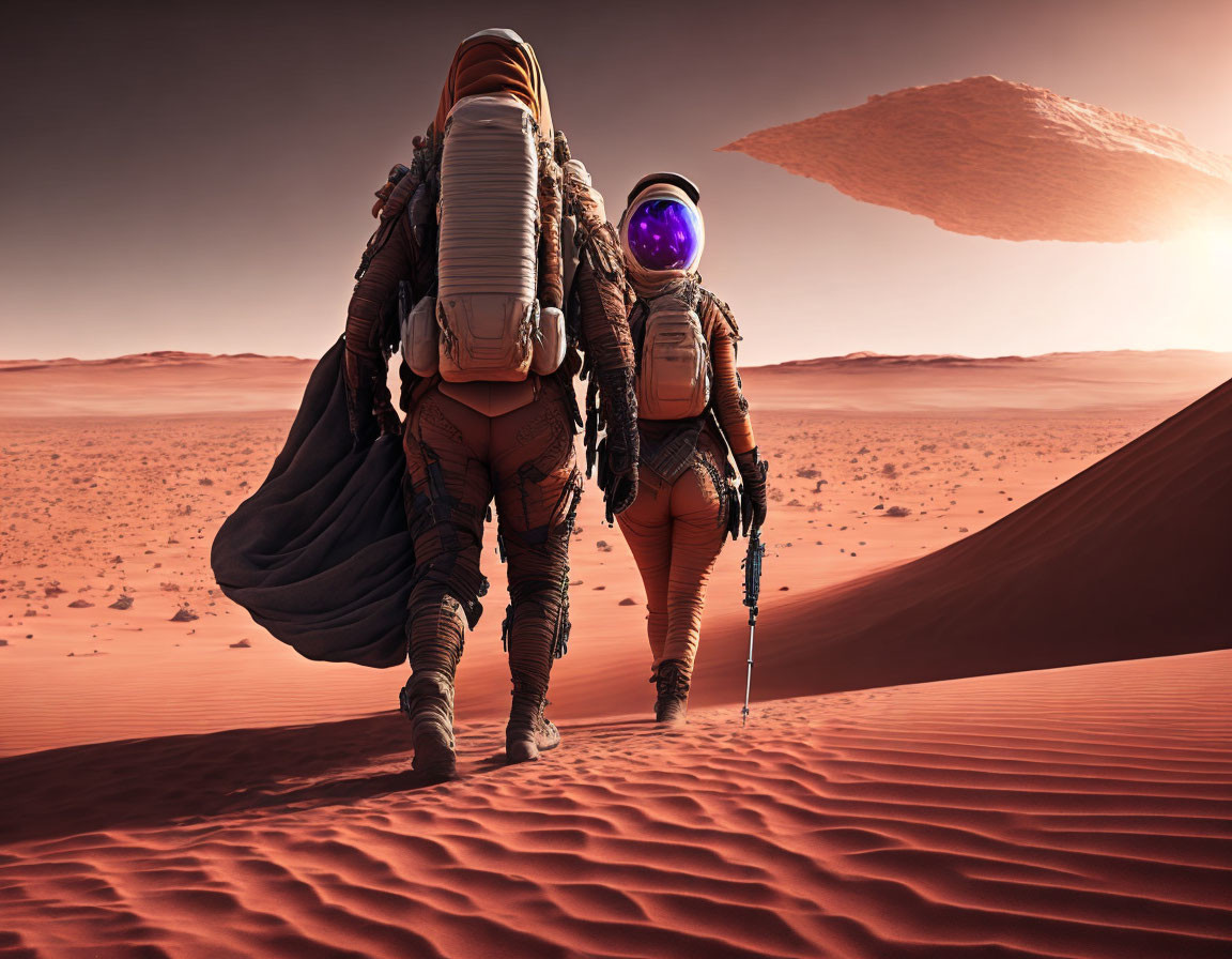 Astronauts in space suits exploring Mars-like planet with dunes and reddish sky