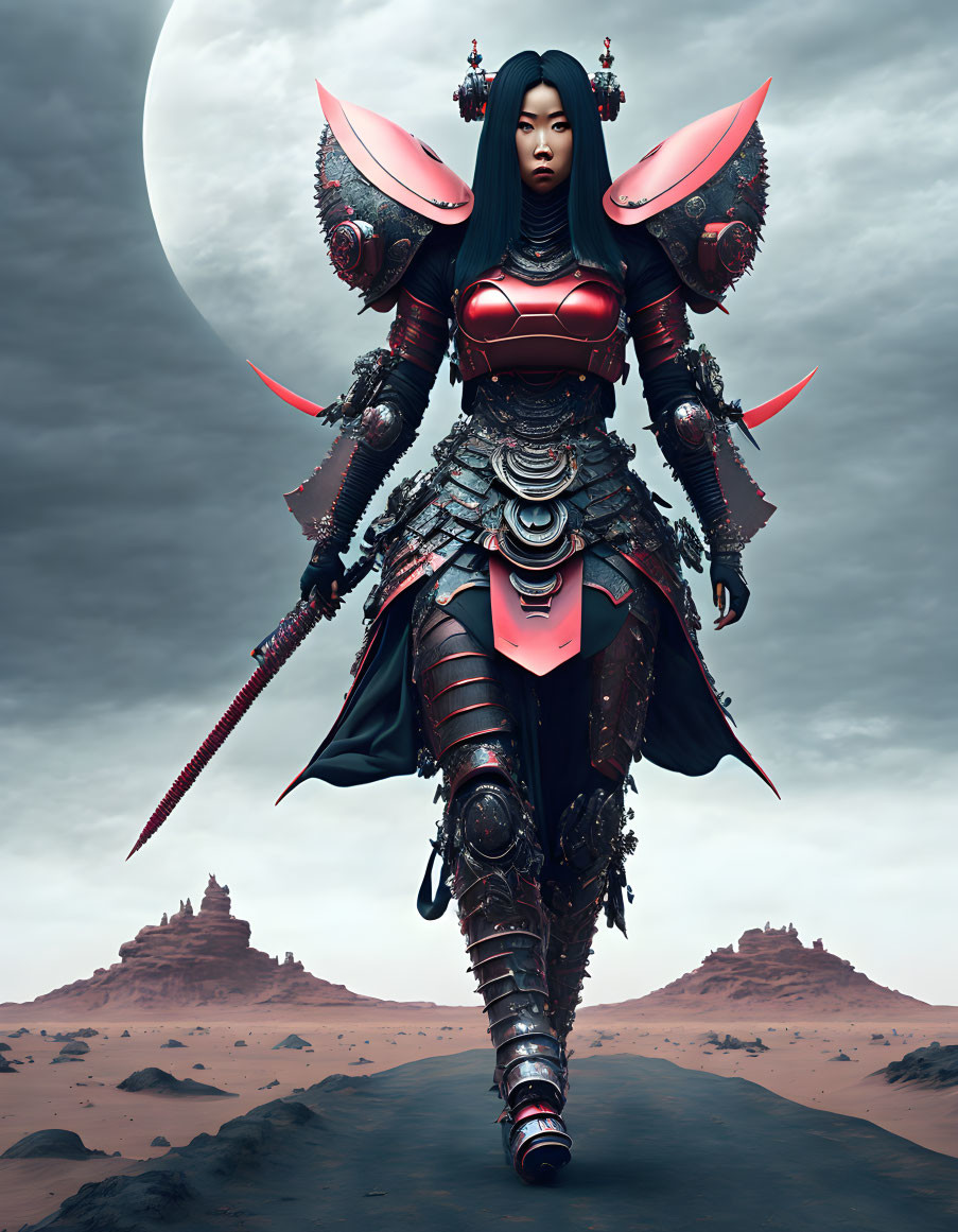 Female warrior in futuristic armor under moon in desert landscape