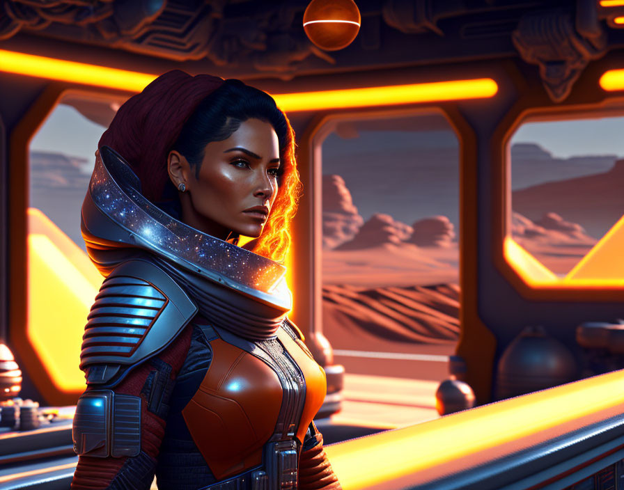 Futuristic female warrior in armored gear with glowing neckline by spacecraft window.