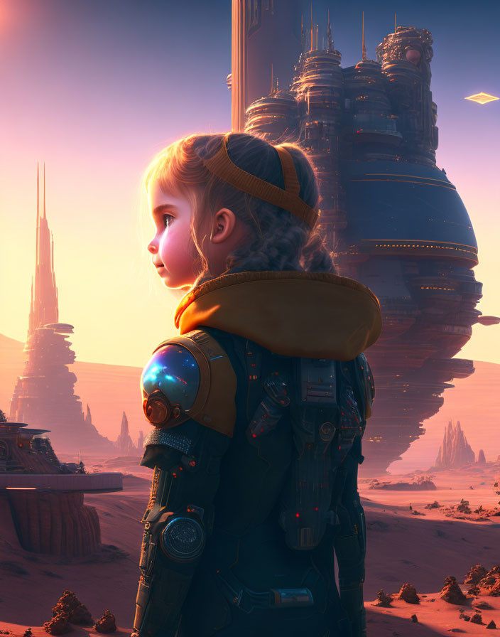 Young girl in futuristic spacesuit explores alien structures at dusk