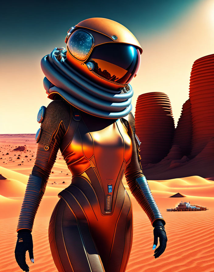 Futuristic astronaut on alien desert with settlement under orange sky