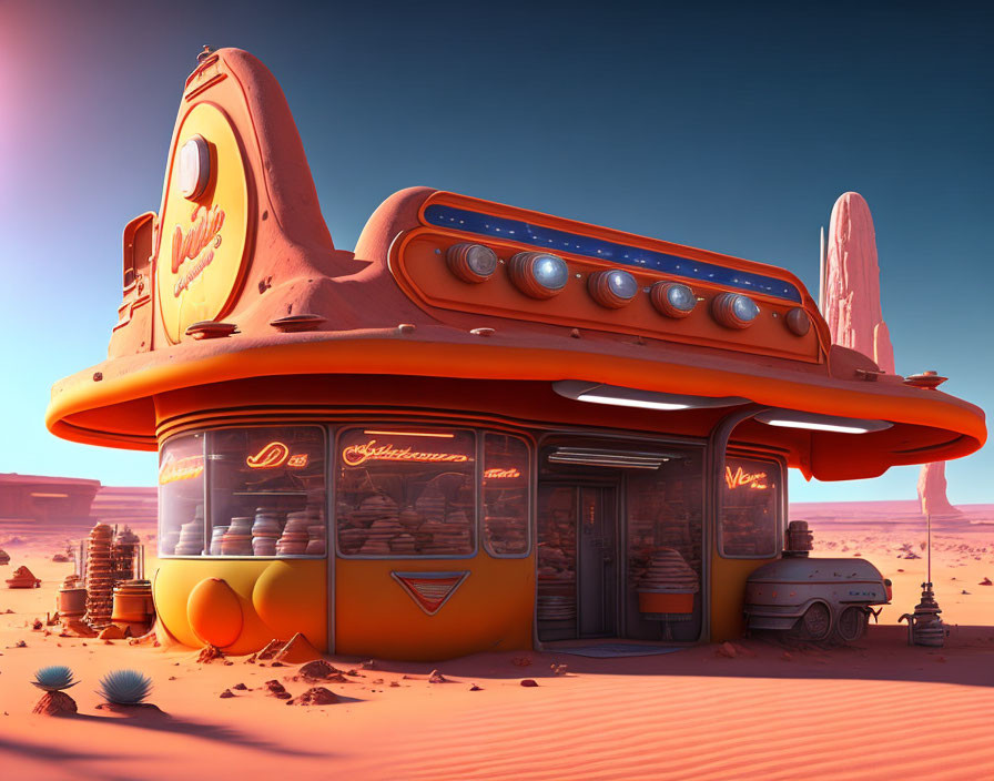 Vintage orange diner with neon lights in desert setting, 1950s sci-fi scene with classic car