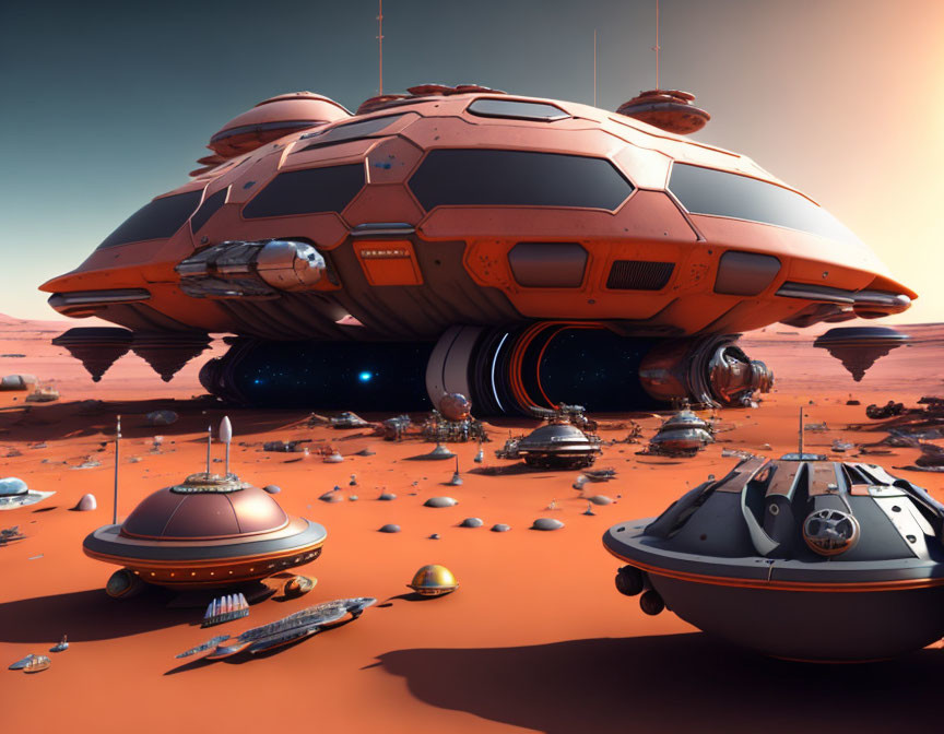 Futuristic spacecraft on alien planet with red sky