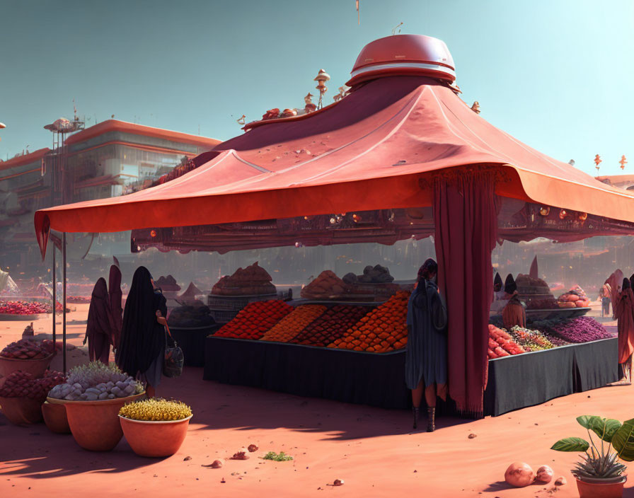 Vibrant Martian market with colorful produce and futuristic backdrop