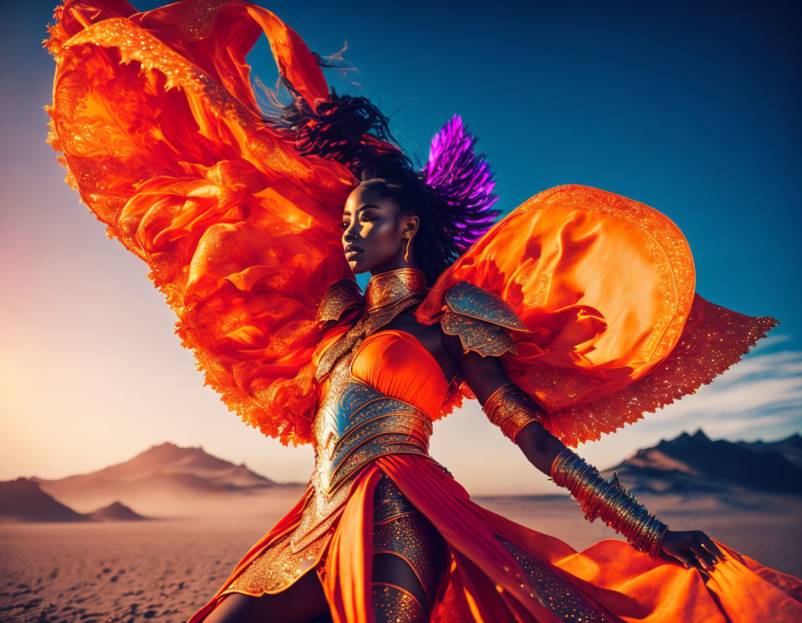 Vibrant woman in orange costume against mountain backdrop