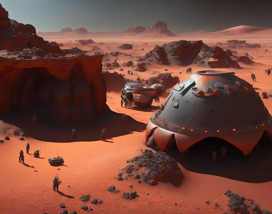 Futuristic Mars base with dome structure, vehicles, and astronauts on red landscape