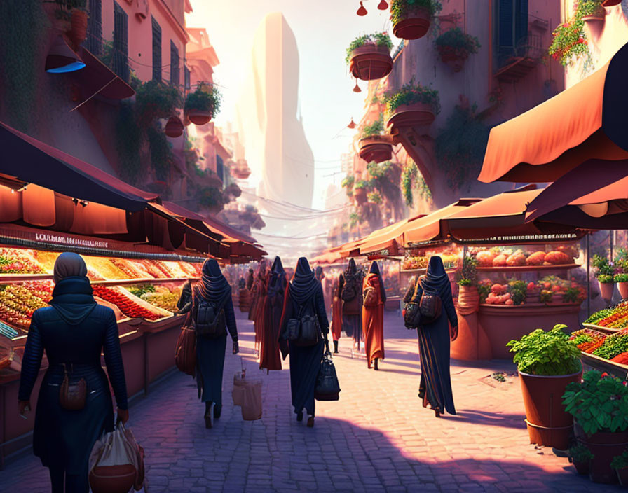 Market street with produce stalls, cloaked figures, and futuristic backdrop