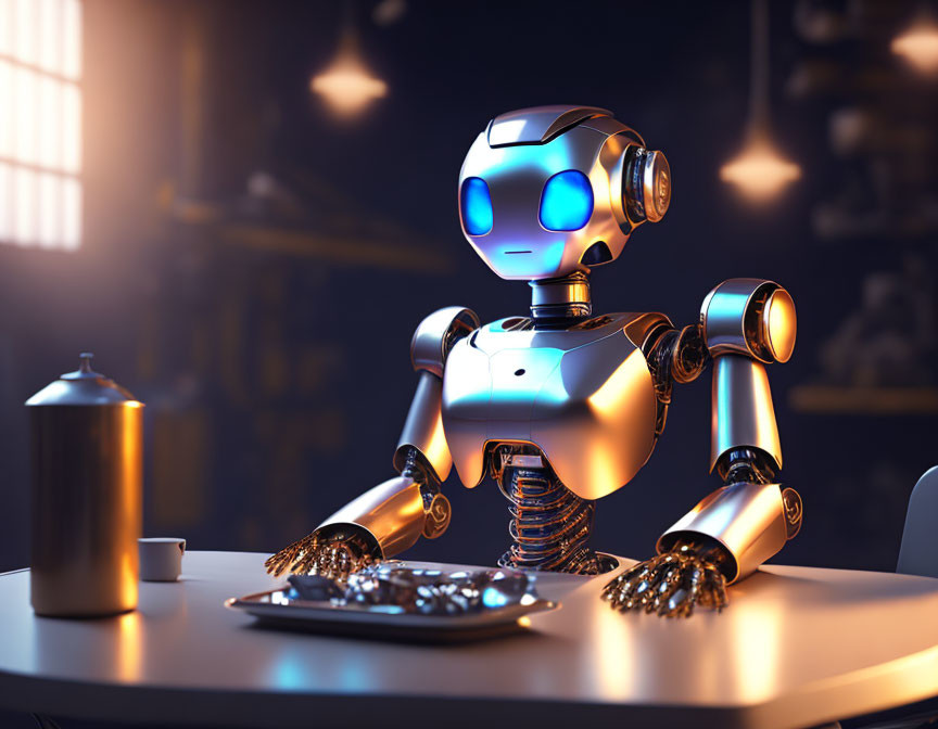 Futuristic humanoid robot with coffee pot and cookies in dimly lit room