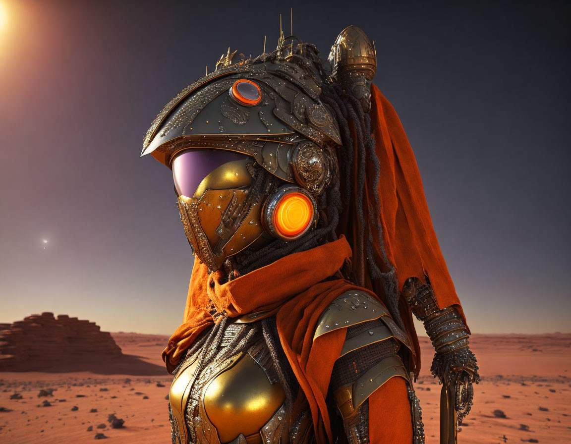 Futuristic armored person in desert with sun and distant planet