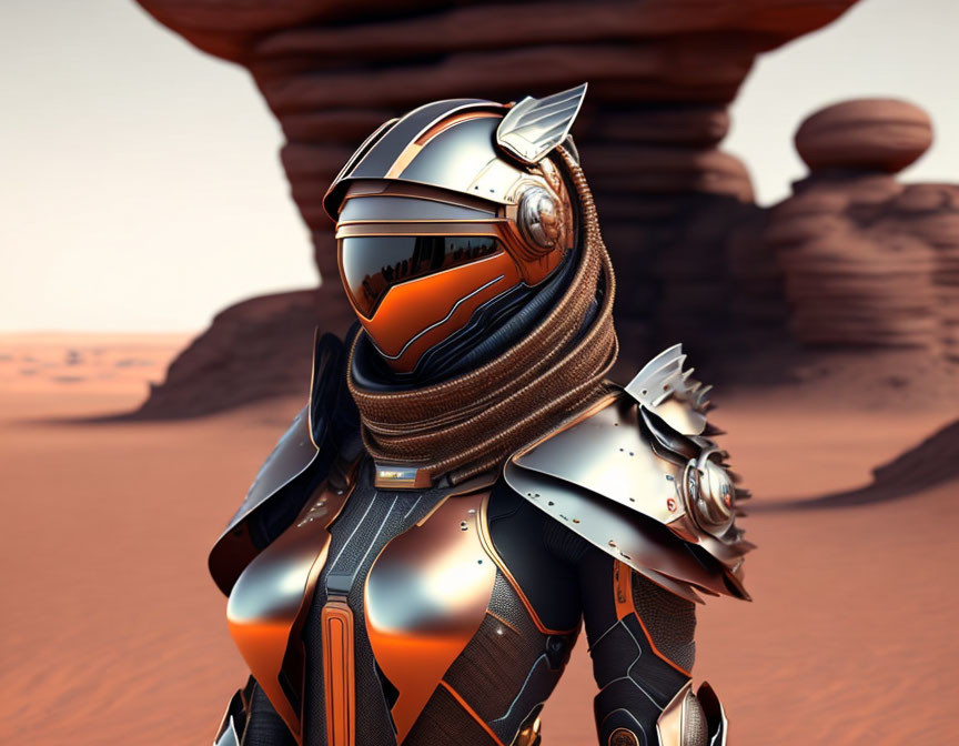 Futuristic armored person in desert with red sand and rock formations