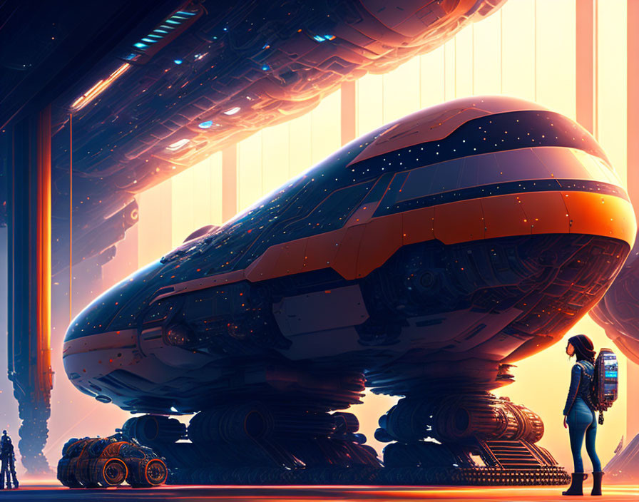 Futuristic spaceship hangar with glowing lights and towering structures