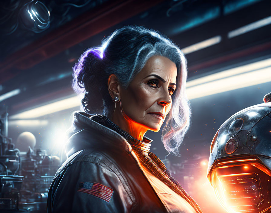 Silver-haired mature woman in neon-lit setting with futuristic backdrop.