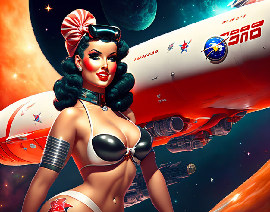 Stylized pin-up illustration of glamorous woman in vintage swimwear with futuristic spaceship backdrop