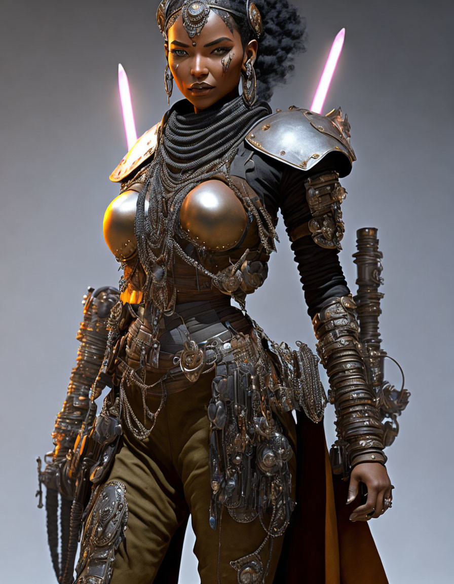 Futuristic warrior woman with pink sabers in metal armor