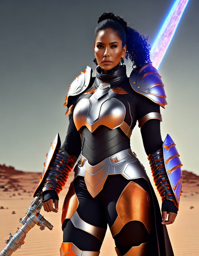 Futuristic armored person with glowing blue sword in desert