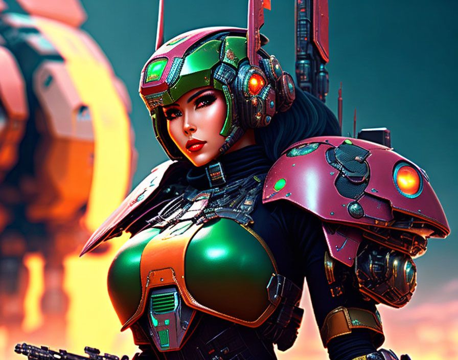 Futuristic female warrior in vibrant armor and stylized helmet