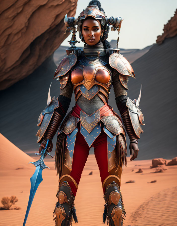 Warrior in Blue and Copper Armor with Bladed Weapon in Desert Landscape