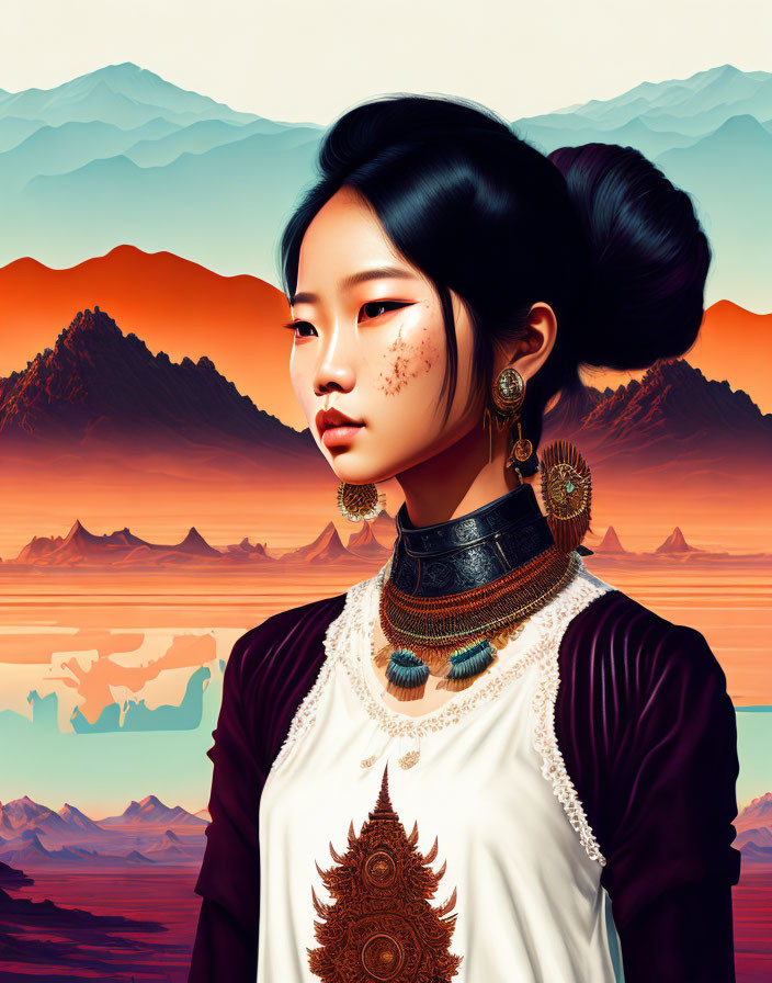 Digital artwork featuring a woman in traditional attire with ornate jewelry against a sunset mountain landscape