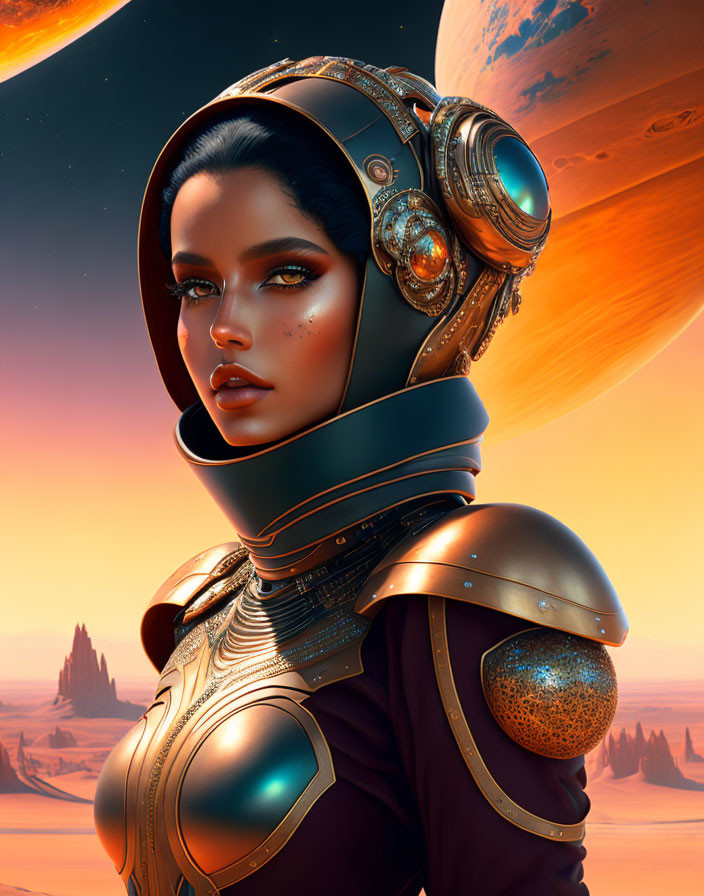 Detailed Futuristic Female Portrait with Ornate Space Helmet on Planetary Backdrop