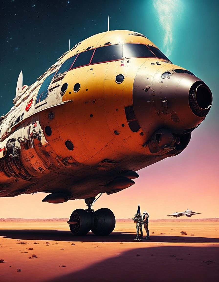 Astronaut on red landscape gazes at yellow spaceship with flying crafts in celestial sky