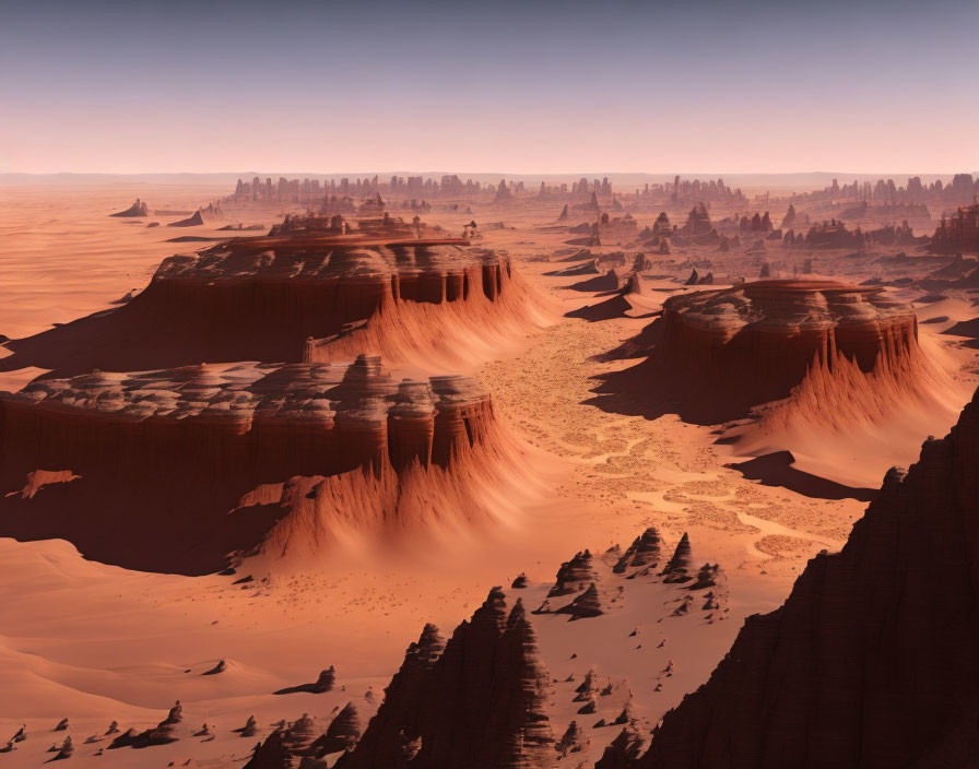 Desert landscape with rock formations at dusk