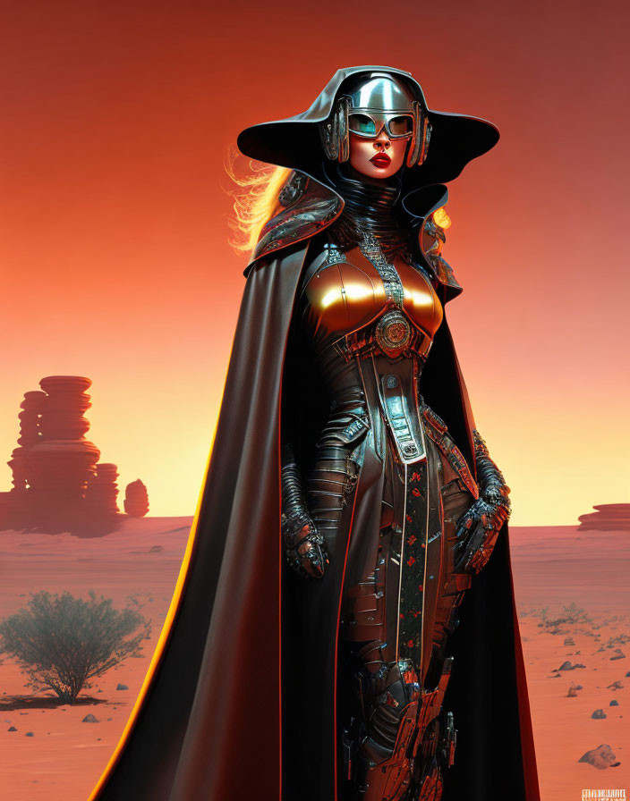 Futuristic female figure in metal suit and cape on red desert landscape