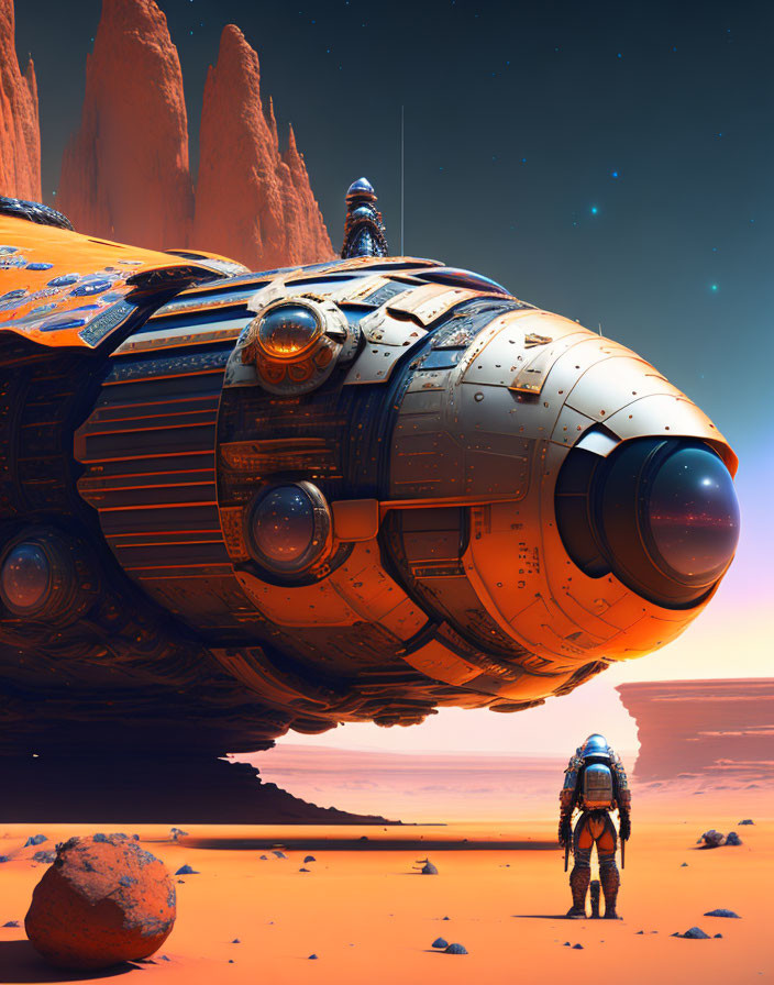 Astronaut on orange alien planet with spaceship under starry sky